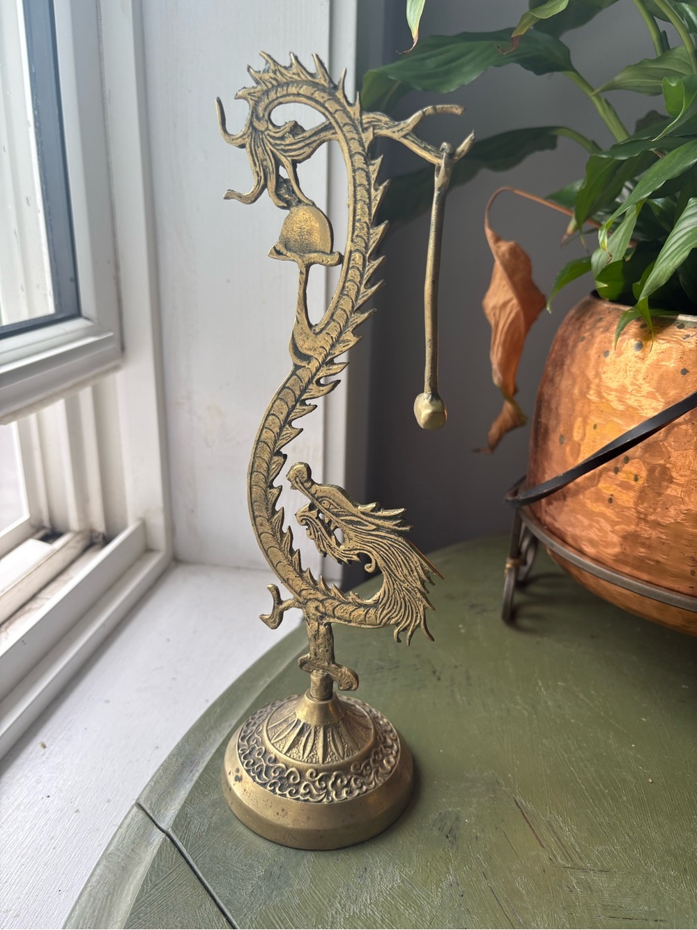 Antique-Style Brass Dragon Bell Stand - Gold